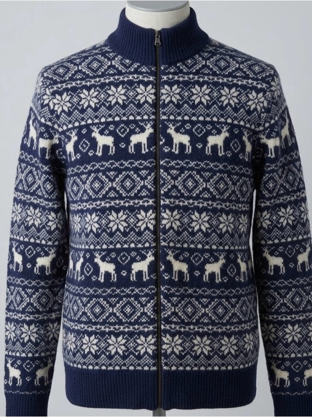 Le 31 Simons Mens M 100% Lambswool Full Zip Sweater Nordic Fair Isle Deer Navy